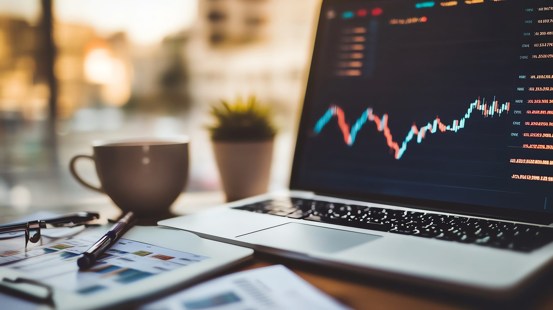 close up image of a laptop showing stock prices on a table with a blurred background behind it