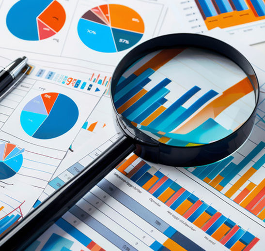 A close-up of a magnifying glass focusing on a bar graph among various printed financial charts and graphs.
