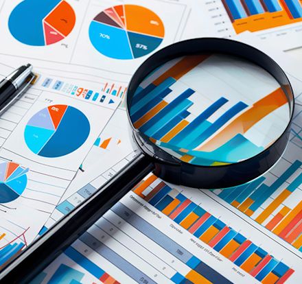 A close-up of a magnifying glass focusing on a bar graph among various printed financial charts and graphs.