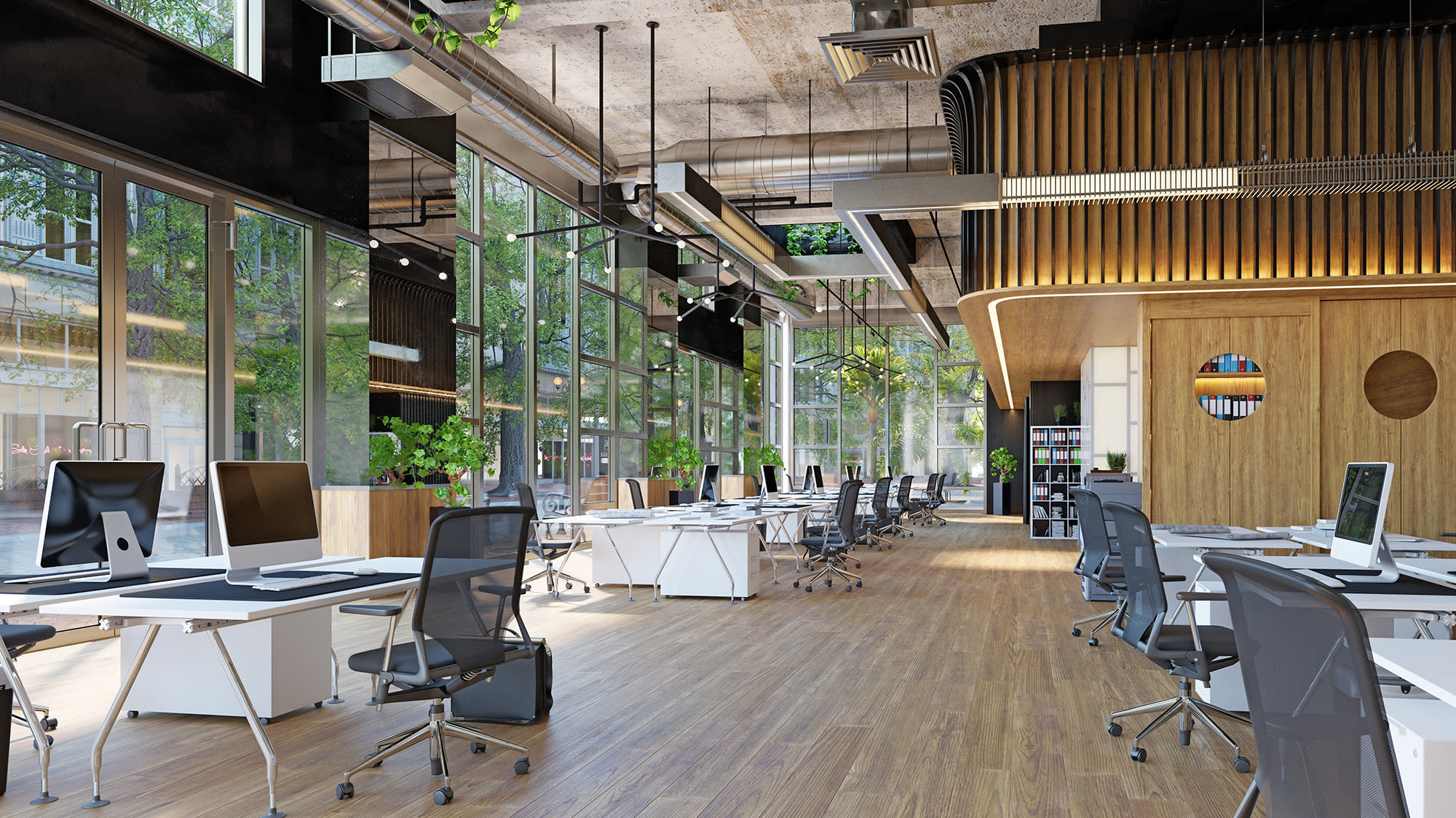 Vacant open office with desks and chairs.