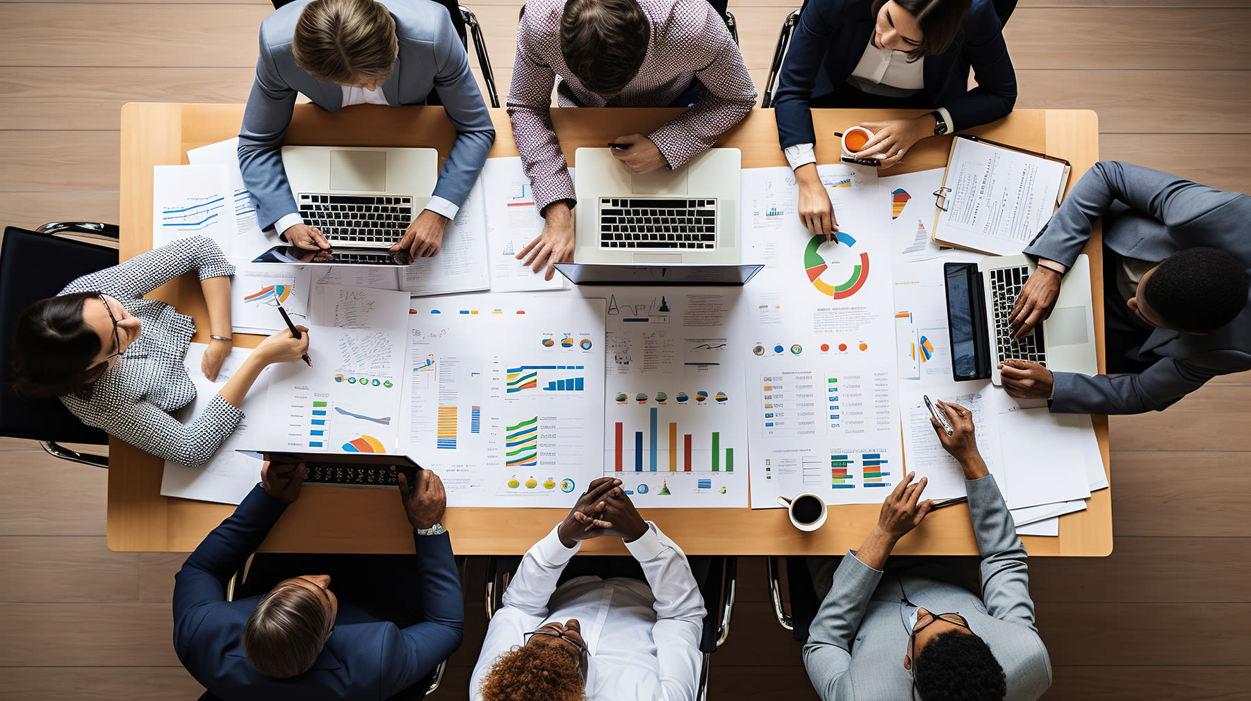 A top-down view of a group of professionals collaborating around a table, working on laptops and analyzing various charts and graphs printed on papers.