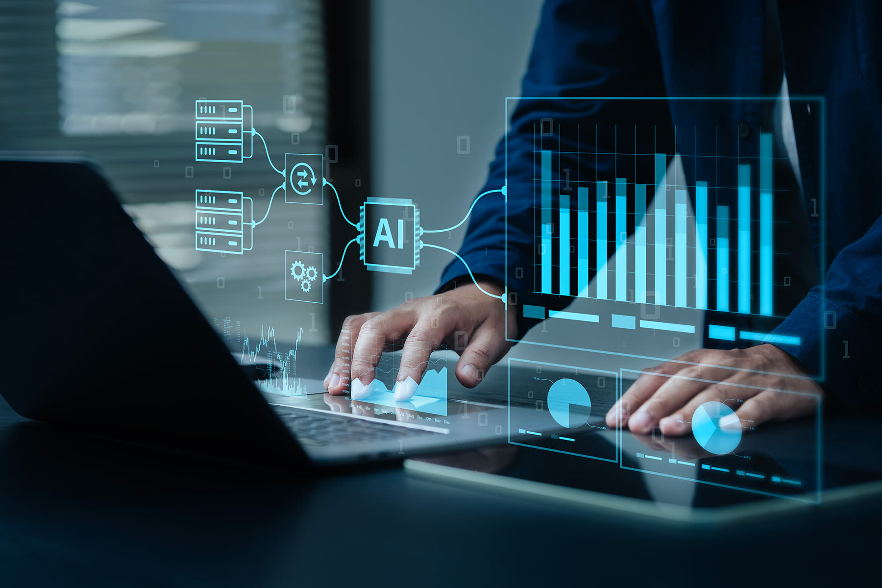 person typing on laptop with digital AI icons floating around