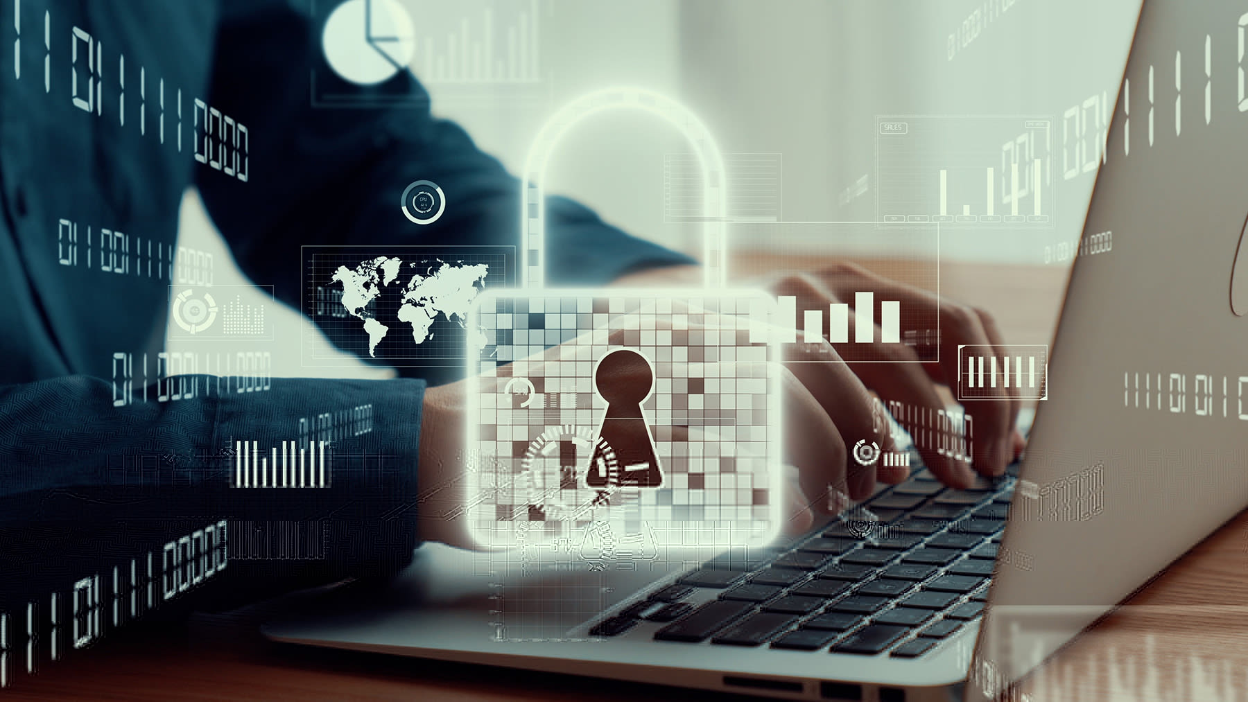 A person working on a laptop with digital security graphics overlaying the images