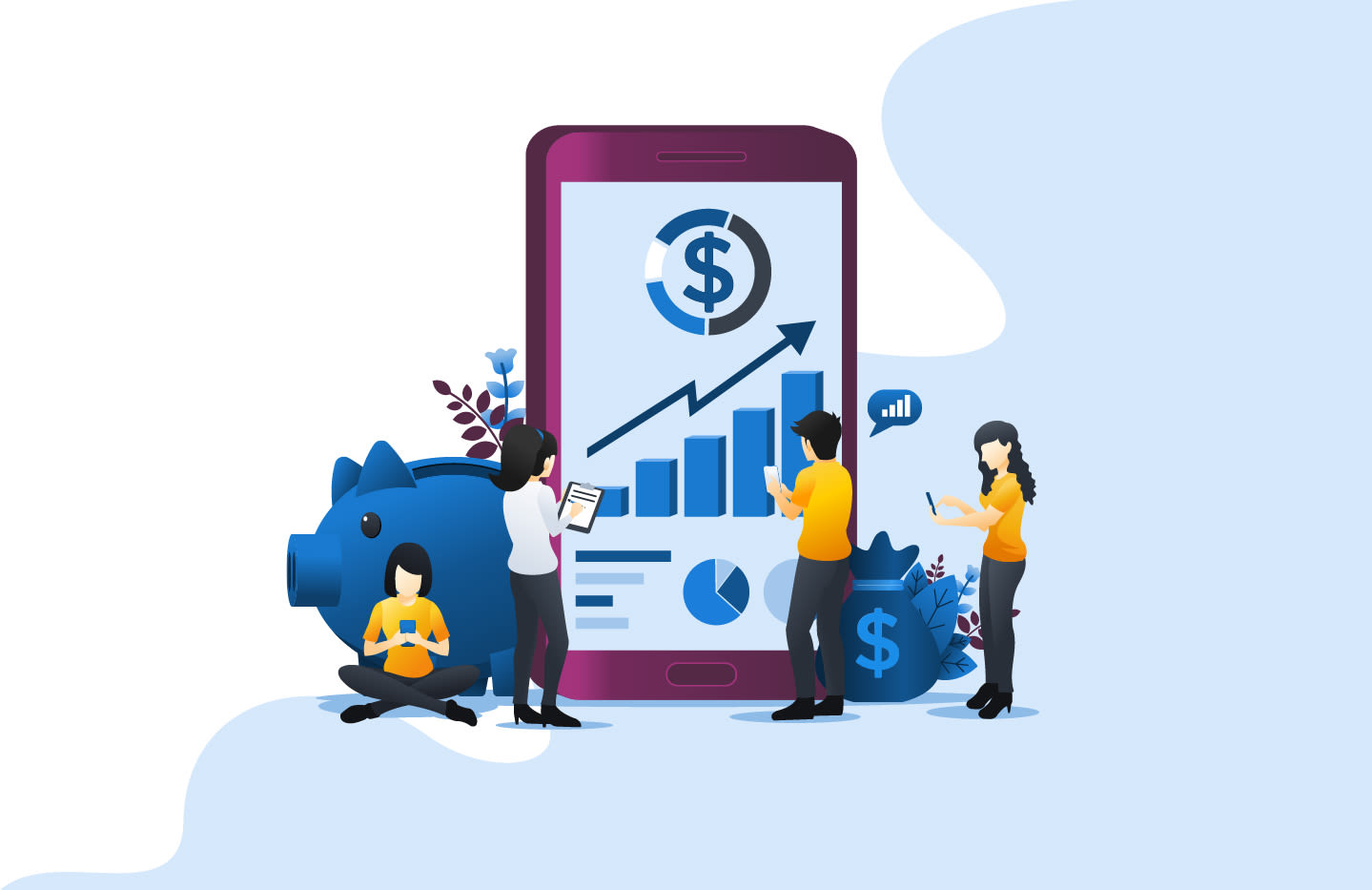 group of people surrounding a large phone with a graph. Piggy bank sitting next to large phone.
