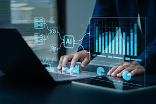 person typing on laptop with digital AI icons floating around