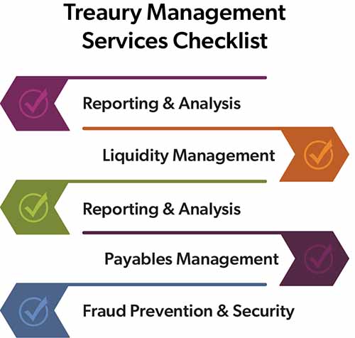 Checklist graphic for Treasury Management Services with five colored arrows labeled: Reporting & Analysis, Liquidity Management, Payables Management, and Fraud Prevention & Security.